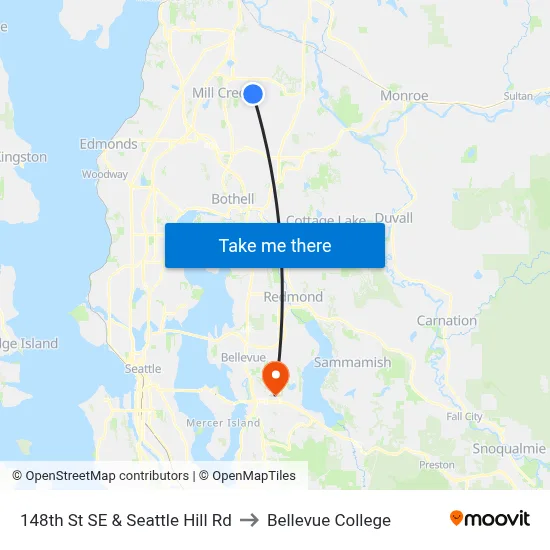 148th St SE & Seattle Hill Rd to Bellevue College map
