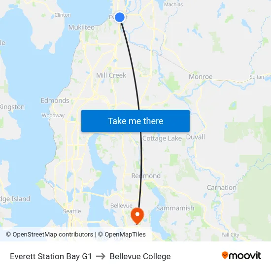 Everett Station Bay G1 to Bellevue College map