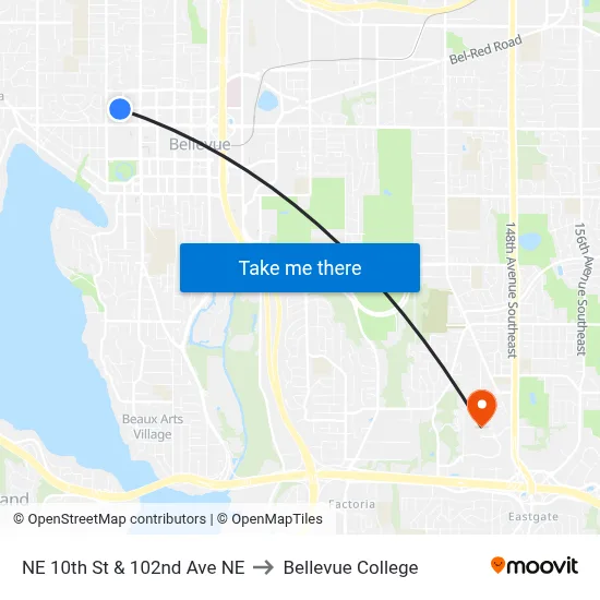 NE 10th St & 102nd Ave NE to Bellevue College map