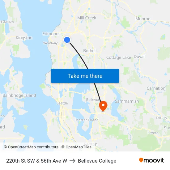 220th St SW & 56th Ave W to Bellevue College map