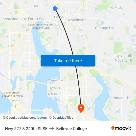 Hwy 527 & 240th St SE to Bellevue College map