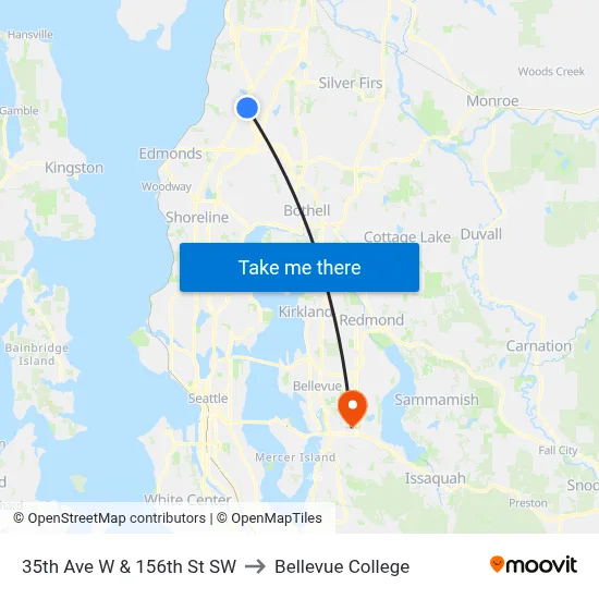 35th Ave W & 156th St SW to Bellevue College map
