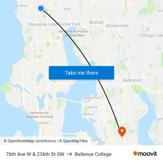 76th Ave W & 236th St SW to Bellevue College map
