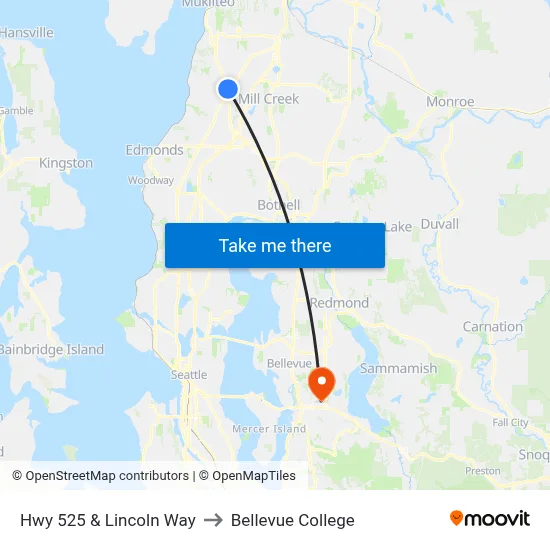 Hwy 525 & Lincoln Way to Bellevue College map