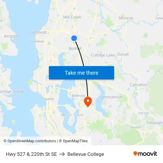 Hwy 527 & 220th St SE to Bellevue College map