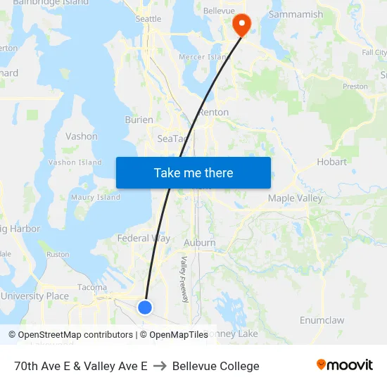 70th Ave E & Valley Ave E to Bellevue College map