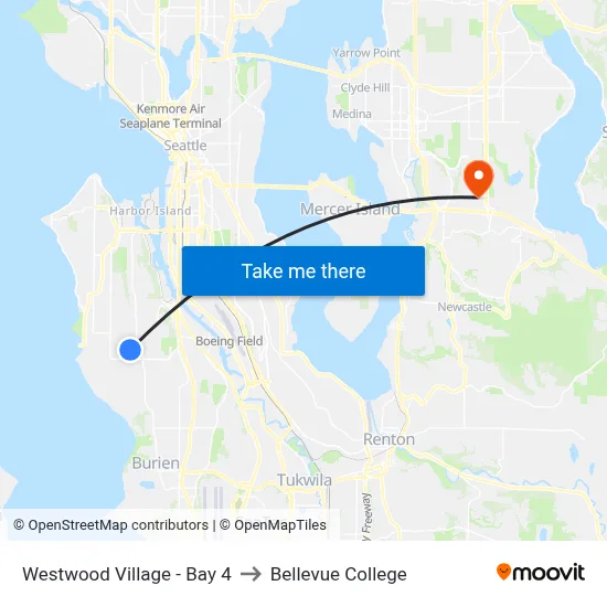 Westwood Village - Bay 4 to Bellevue College map