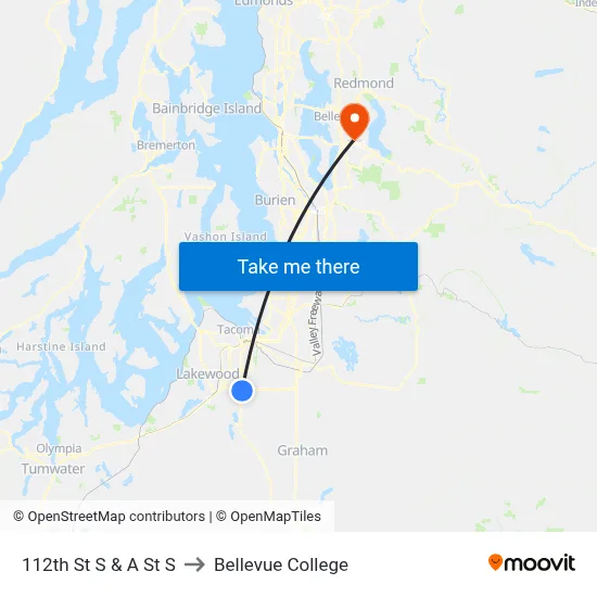112th St S & A St  S to Bellevue College map