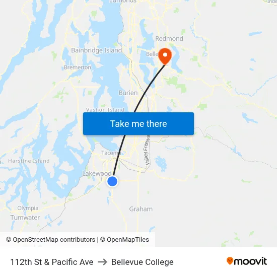 112th St & Pacific Ave to Bellevue College map