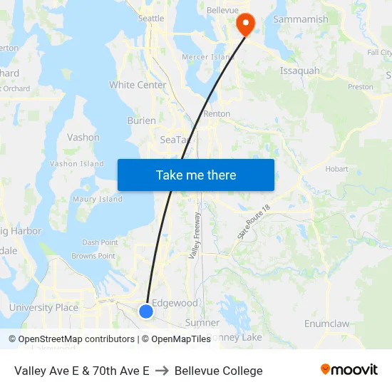 Valley Ave E & 70th Ave E to Bellevue College map