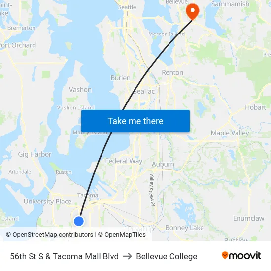 56th St S & Tacoma Mall Blvd to Bellevue College map