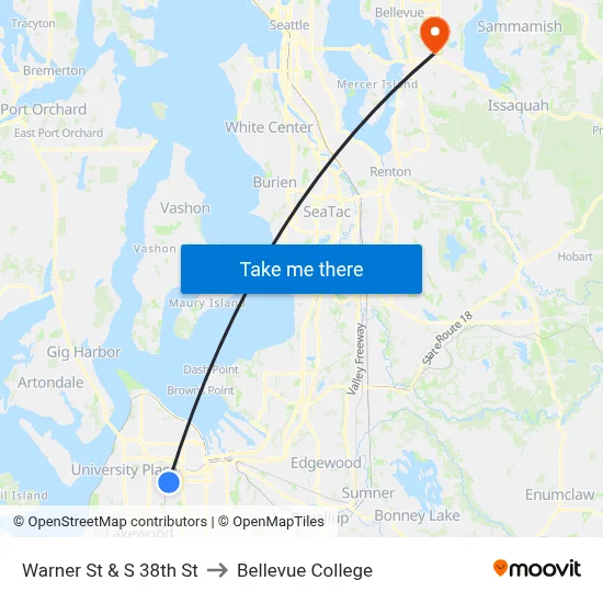 Warner St & S 38th St to Bellevue College map