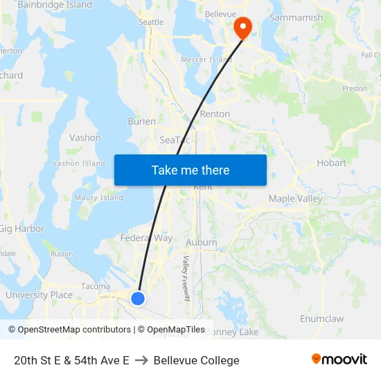 20th St E & 54th Ave E to Bellevue College map