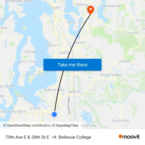 70th Ave E & 26th St E to Bellevue College map