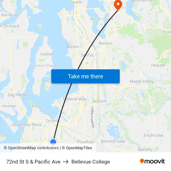 72nd St S & Pacific Ave to Bellevue College map