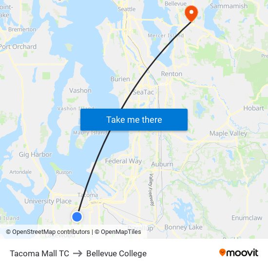 Tacoma Mall TC to Bellevue College map