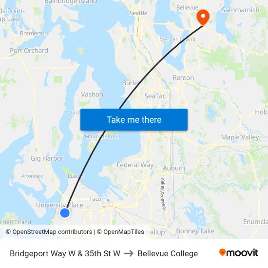 Bridgeport Way W & 35th St W to Bellevue College map