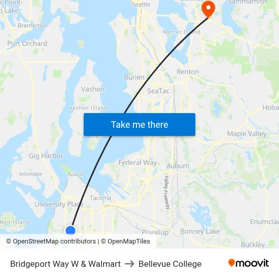 Bridgeport Way W & Walmart to Bellevue College map