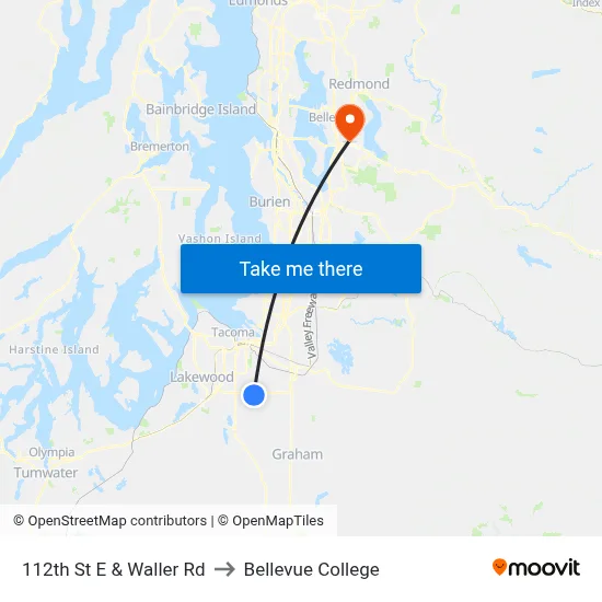 112th St E & Waller Rd to Bellevue College map
