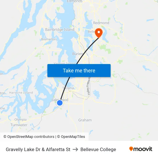 Gravelly Lake Dr & Alfaretta St to Bellevue College map