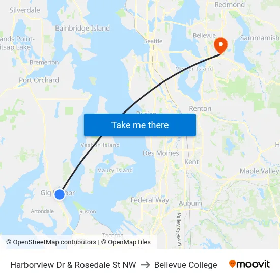 Harborview Dr & Rosedale St NW to Bellevue College map