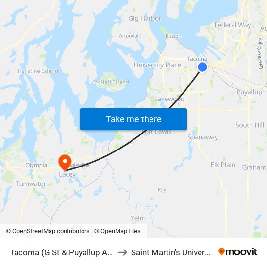 Tacoma (G St & Puyallup Ave) to Saint Martin's University map