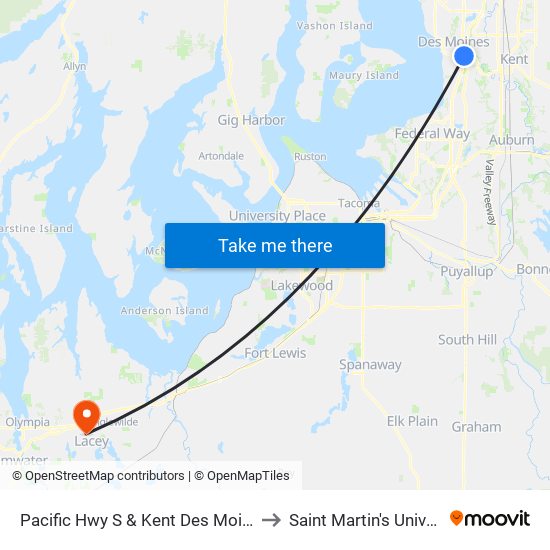 Pacific Hwy S & Kent Des Moines Rd to Saint Martin's University map