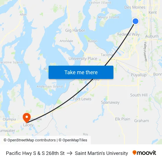 Pacific Hwy S & S 268th St to Saint Martin's University map