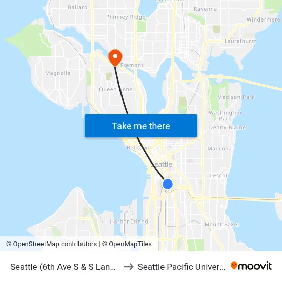 Seattle (6th Ave S & S Lane St) to Seattle Pacific University map