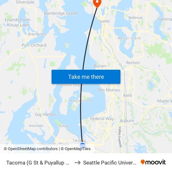 Tacoma (G St & Puyallup Ave) to Seattle Pacific University map