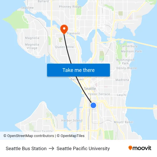 Seattle Bus Station to Seattle Pacific University map