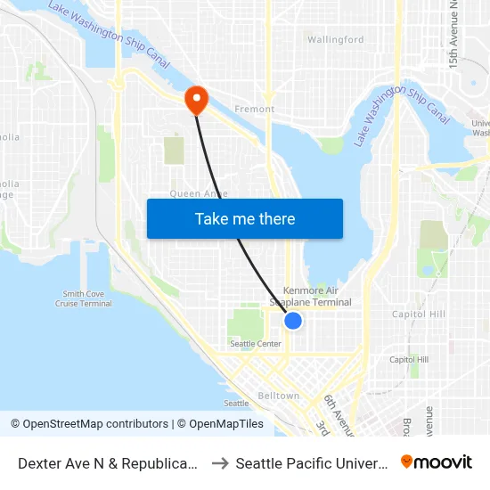 Dexter Ave N & Republican St to Seattle Pacific University map