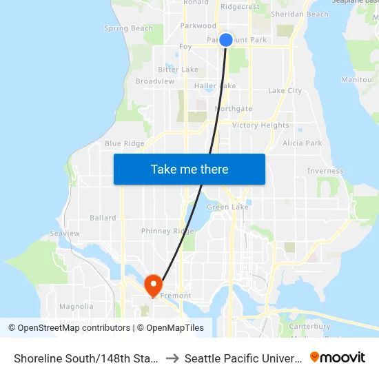 Shoreline South/148th Station to Seattle Pacific University map