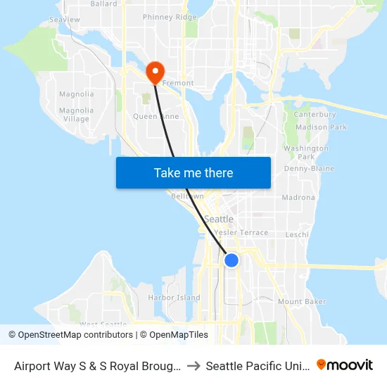 Airport Way S & S Royal Brougham Way to Seattle Pacific University map