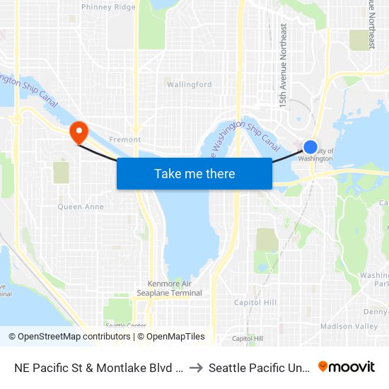 NE Pacific St & Montlake Blvd NE - Bay 1 to Seattle Pacific University map