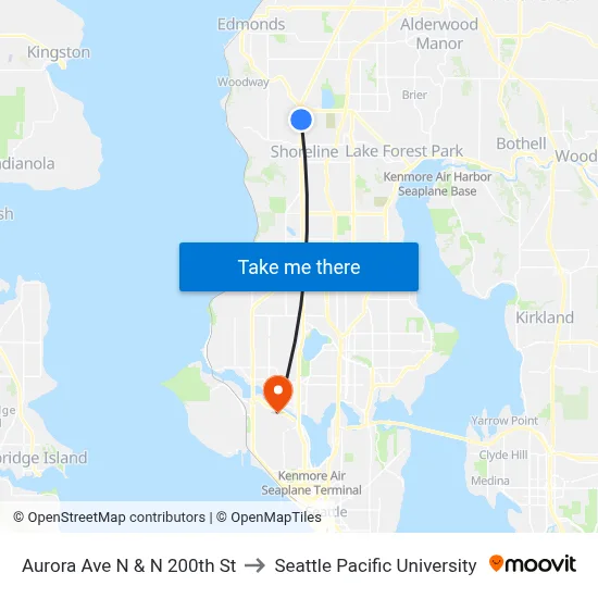 Aurora Ave N & N 200th St to Seattle Pacific University map