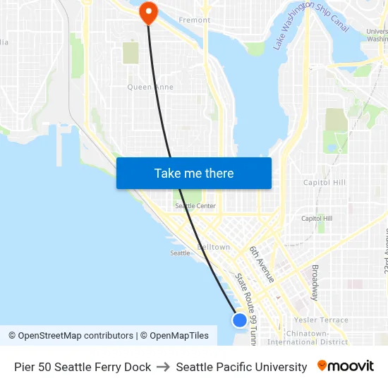 Pier 50 Seattle Ferry Dock to Seattle Pacific University map
