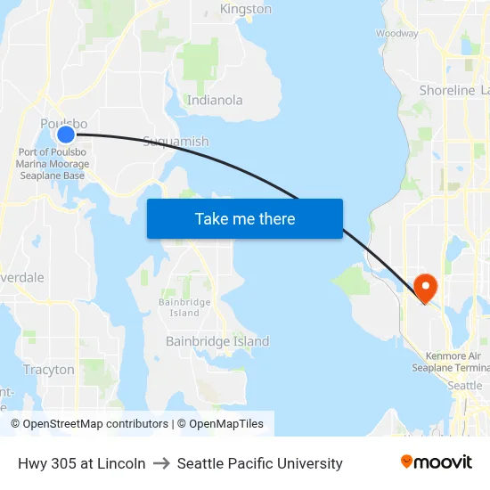 Hwy 305 at Lincoln to Seattle Pacific University map