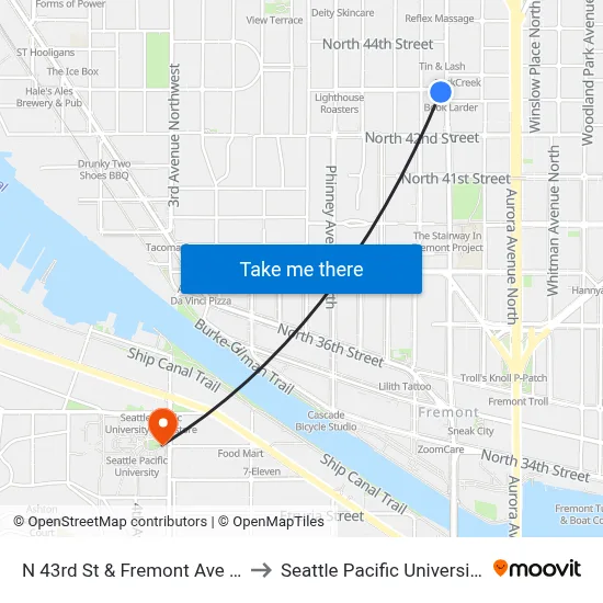 N 43rd St & Fremont Ave N to Seattle Pacific University map