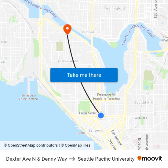 Dexter Ave N & Denny Way to Seattle Pacific University map
