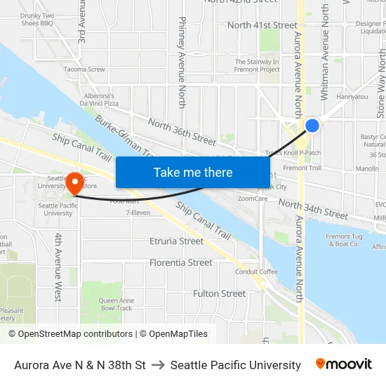 Aurora Ave N & N 38th St to Seattle Pacific University map