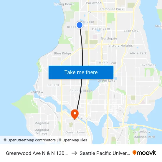 Greenwood Ave N & N 130th St to Seattle Pacific University map