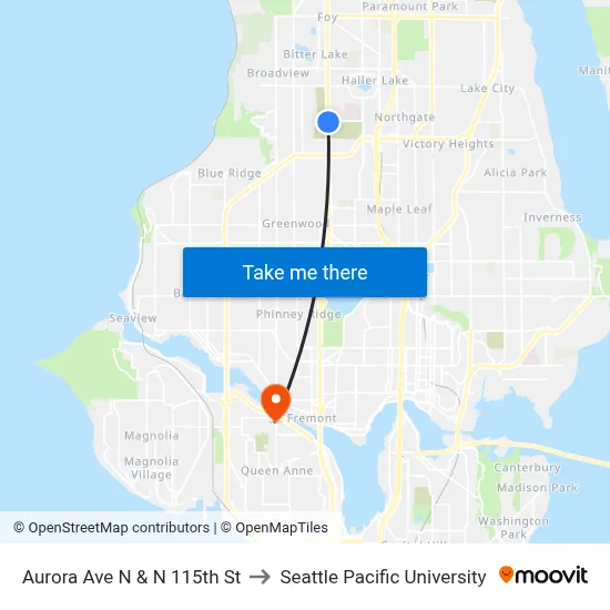 Aurora Ave N & N 115th St to Seattle Pacific University map