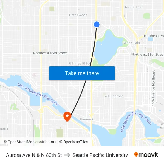 Aurora Ave N & N 80th St to Seattle Pacific University map