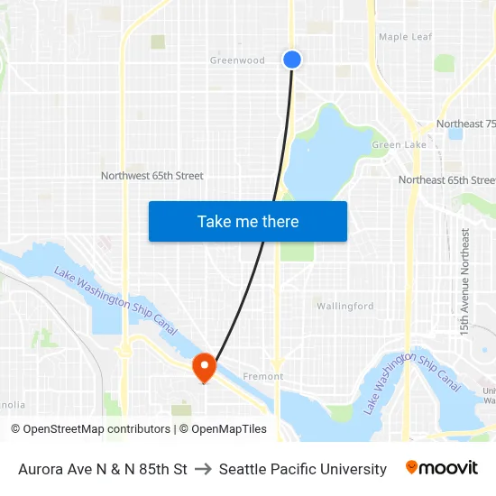 Aurora Ave N & N 85th St to Seattle Pacific University map