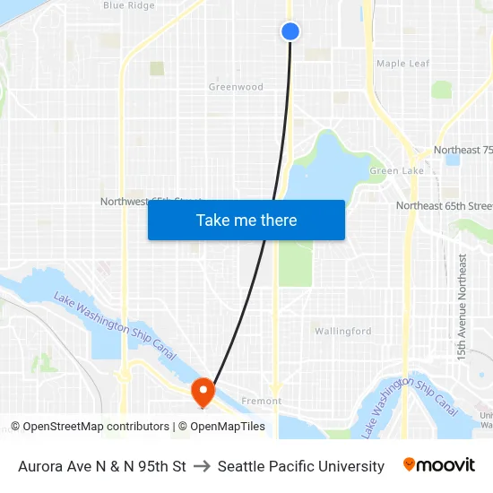 Aurora Ave N & N 95th St to Seattle Pacific University map