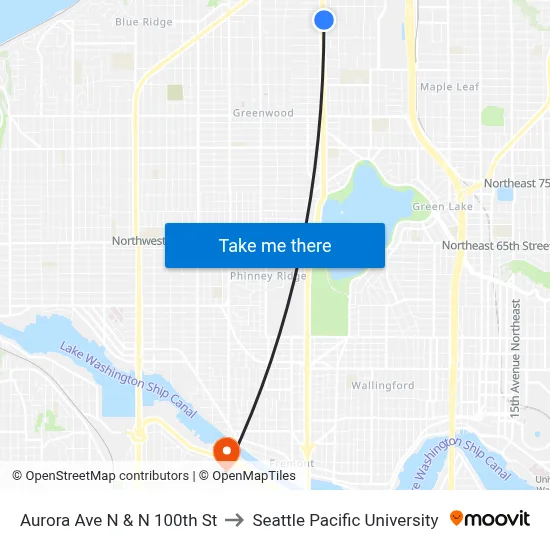 Aurora Ave N & N 100th St to Seattle Pacific University map