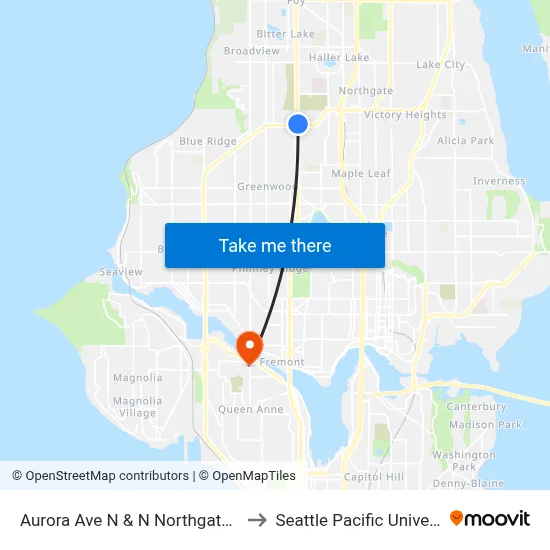 Aurora Ave N & N Northgate Way to Seattle Pacific University map