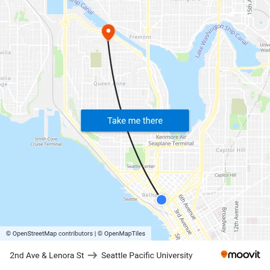 2nd Ave & Lenora St to Seattle Pacific University map