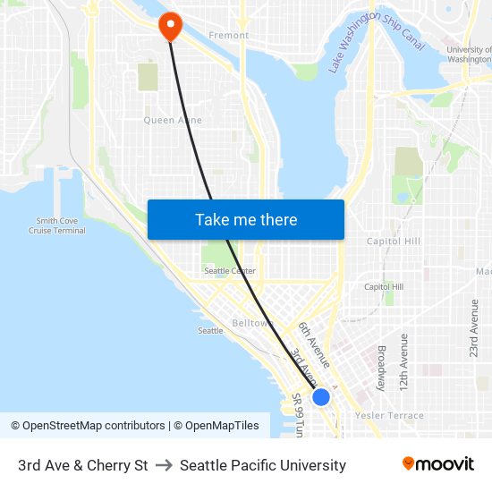 3rd Ave & Cherry St to Seattle Pacific University map